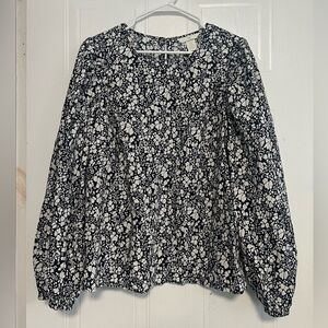 Patterned Cotton Blouse / Navy blue + white floral top / Balloon sleeves blouse